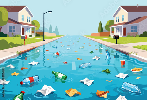 A flooded street in a neighborhood, filled with litter like bottles, papers, and food. Houses line the sides