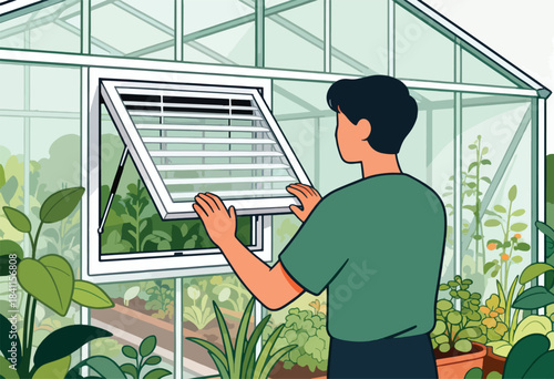 A person opens the window of a glass greenhouse filled with plants and flowers, letting air in