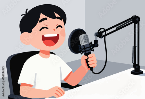 A cartoon boy is recording a podcast, smiling with a microphone in front of his face