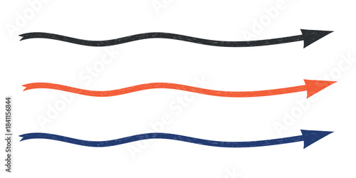Hand drawn crayon movement arrow collection. Grunge squiggly arrow set. Pencil chalk lines sketch. Red, black, blue brush scribble element set. Doodle vector illustration.