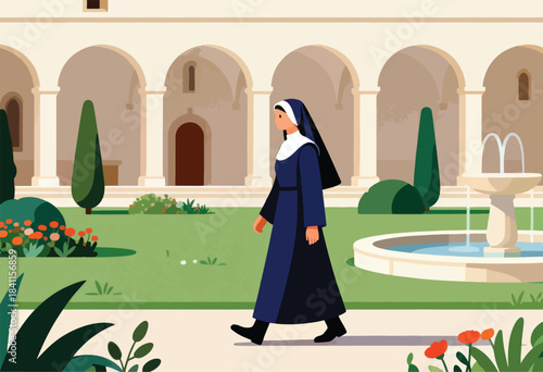 An illustration shows a nun walking through an arched courtyard with a fountain and garden, geometric style