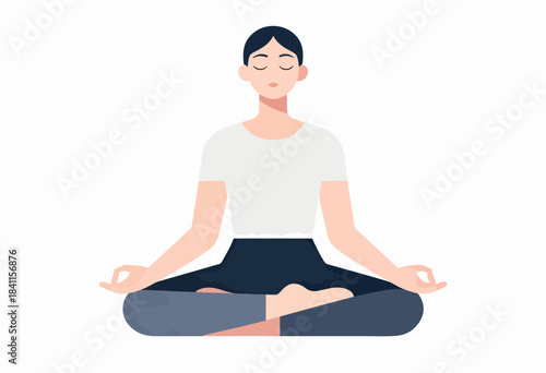 A cartoon illustration depicts a person meditating with closed eyes in a lotus position