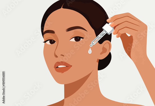 Illustration of a woman applying serum to her face with a dropper, highlighting skincare routine