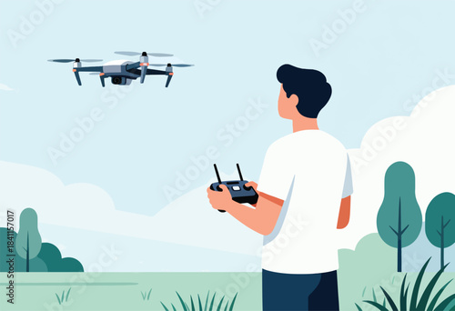 A person in a white shirt controls a drone with a remote in a park. The drone hovers in the sky
