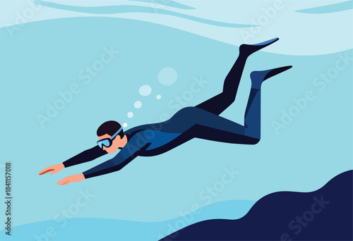 Illustration of a person underwater, diving in blue hues with bubbles
