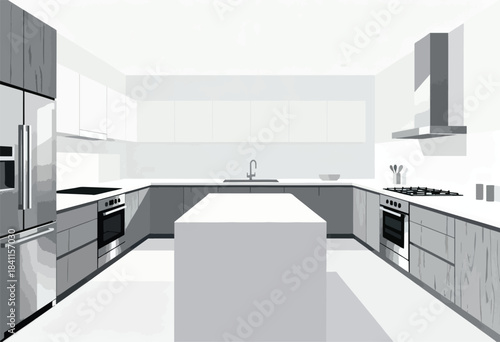 Minimalist grayscale kitchen design with central island, cabinets, appliances, and a range hood