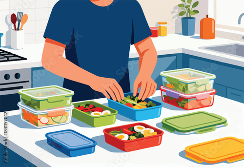 A person in a blue shirt is assembling a meal in food containers on a white countertop with kitchen elements