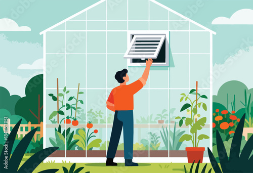 A person opens the window of a greenhouse filled with plants. The illustration has a simple design and bright colors