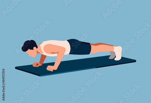 Stylized illustration of a person doing a push-up on a mat against a solid blue background