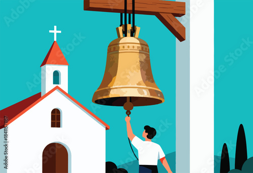 Illustration of a church scene with a bell being rung by a person. A church building is in the background