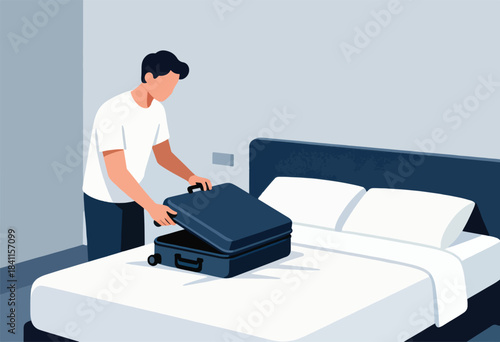 A person in a white shirt and navy pants opens a suitcase on a bed with white sheets in a hotel room