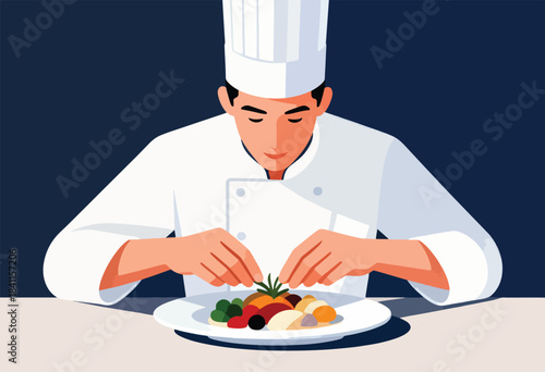 A chef in whites garnishes a plate with precision. Food presentation is the focus, with a dark blue backdrop