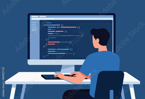 A developer works at a desk, facing a computer screen filled with code, with blue shades