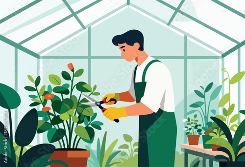 A person trims a plant with shears inside a glass greenhouse filled with various potted foliage and orange flowers
