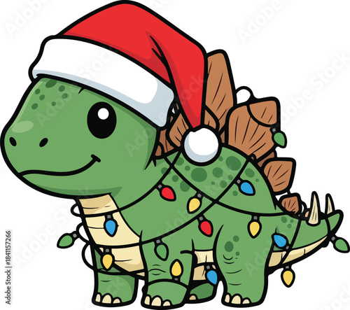 Adorable cartoon stegosaurus dinosaur wearing a santa hat and wrapped in festive christmas lights, Generative Ai