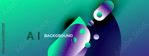 Abstract gradient background features vibrant teal, purple hues. Spheres, shapes create dynamic visual effect. Text reads AI BACKGROUND.