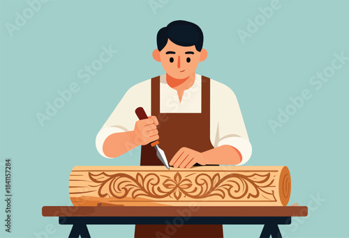 A woodworker, with a carving knife, carves decorative designs into a wooden log on a table, with blue background