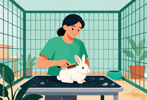 A person in a green shirt brushes a white rabbit on a table. Indoor scene with plants and cage