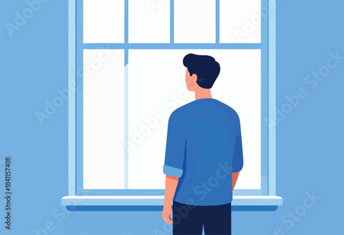 Illustration of a man standing in front of a window, back turned, looking out. Blue palette