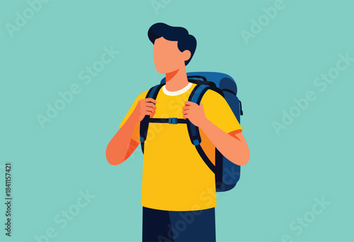 A faceless figure, wearing yellow shirt and backpack, stands with background of teal green