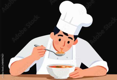 A chef in a white uniform and hat, tastes a spoonful of soup from a white bowl