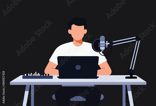 A faceless individual in a white shirt sits at a desk with a laptop, microphone, and a mixing board