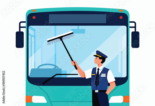 A bus driver in uniform cleans the bus windshield. Simple illustration. Focus on transportation and service
