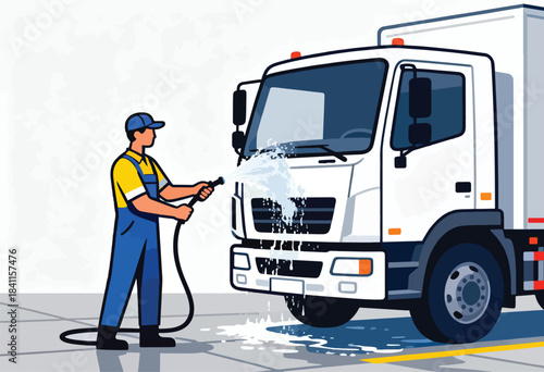Illustration shows a worker in blue overalls cleaning a large white truck with a high-pressure hose, water splashing