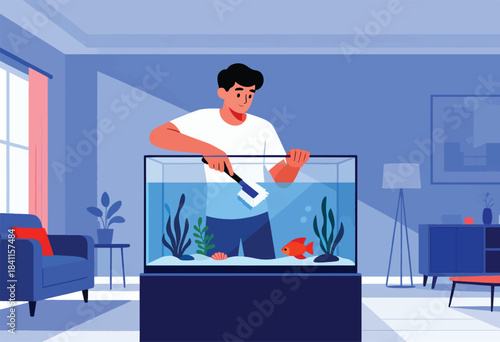 A person cleans an aquarium with a small, orange fish. The room has furniture and is rendered in flat illustration style