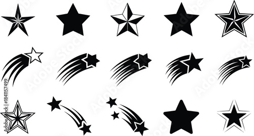 Collection of shooting star and static star icons in black and white, featuring various designs with trails and outlines, perfect for graphic design elements