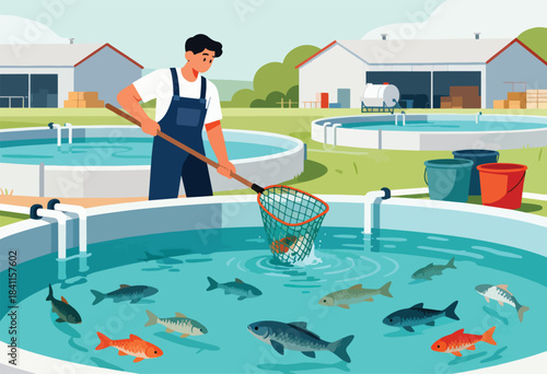 A worker harvests fish from a circular pool at a farm. Other pools, buildings, and fish are visible