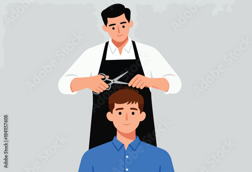 An illustration of a barber with scissors, cutting the hair of a customer, a close-up shot