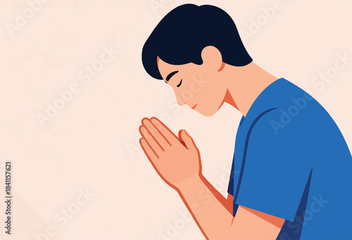 Digital illustration of a person with eyes closed and hands pressed together in prayer. Light colors