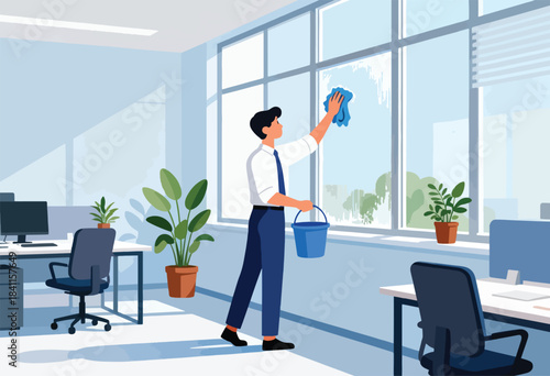 Illustration depicts a worker cleaning an office window with a bucket of water and a cloth. Desks, chairs, and plants are visible