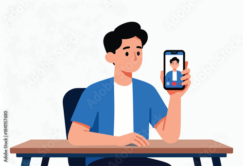 A man seated at a desk holds a phone displaying a video call, appearing to be in a virtual meeting