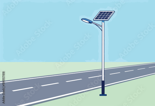 A minimalist illustration of a solar-powered street light next to a road, set against a light blue backdrop