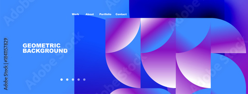 Abstract geometric background with blue, purple hues. Navigation menu present, dots indicate sections. Modern design elements visible.