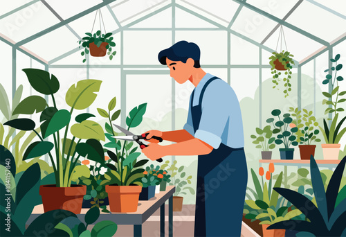 An illustrated person tends plants in a greenhouse with pruning shears. Lush foliage fills space