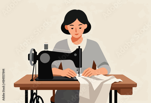 A woman in grey sews at a table with an old-fashioned black sewing machine, fabric in front