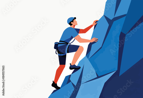 A person in a blue climbing outfit scales a large blue geometric rock face, white backdrop