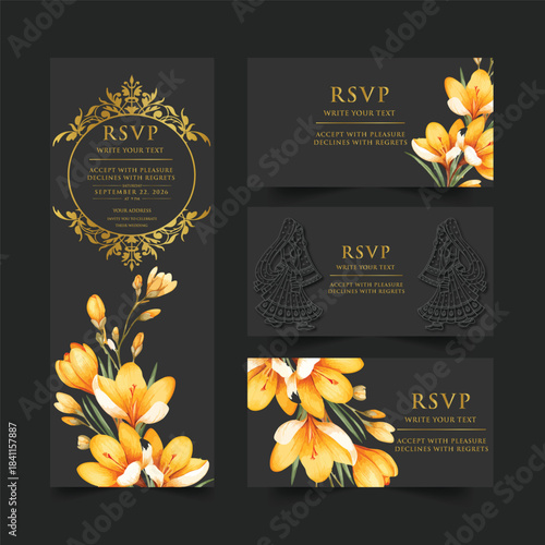 Elegant wedding invitation card background vector. Minimal hand draw botanical flowers and butterfly template background. Design illustration for wedding, vip cover, poster, rsvp modern card.

