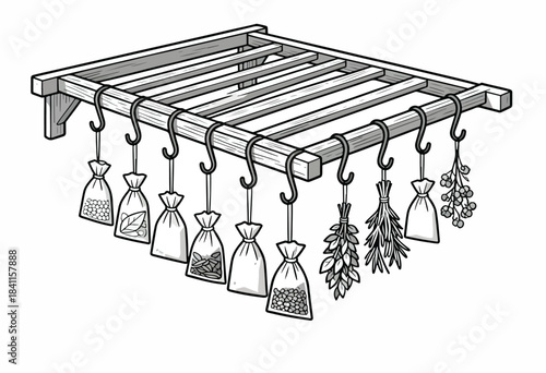 A wooden drying rack with various herbs and spices hanging in bags and bunches. Simple illustration