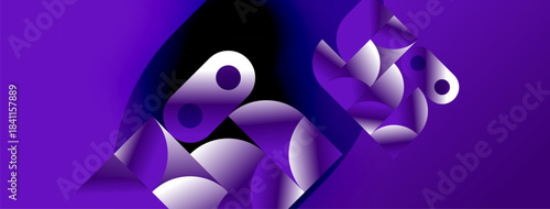Abstract purple design features layered shapes, circles, gradients. Modern aesthetic, dynamic composition, visually striking.
