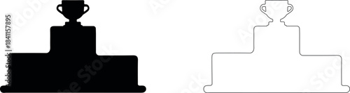 Podium with a first-place trophy. Vector silhouette of the awards ceremony.