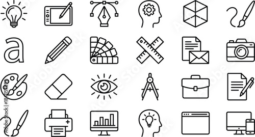 Creative graphic design icons set featuring tools, symbols, digital art elements, layout essentials, and professional illustration concepts for modern design projects.