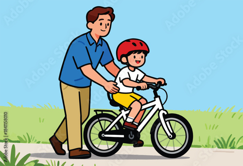 A father supports his son learning to ride a bike on a sunny day. The boy wears a helmet