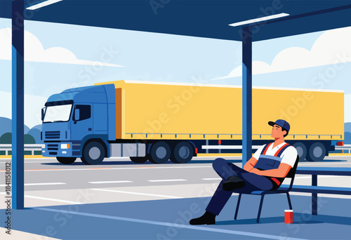 A truck driver rests under a shelter. A blue cab truck with a yellow trailer sits in the background