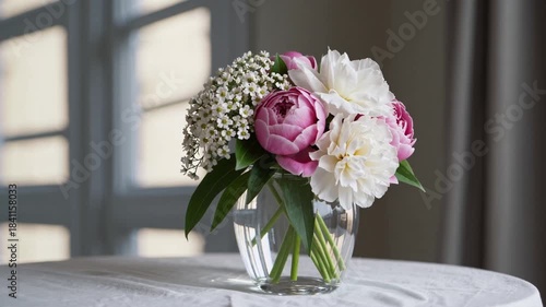 Floral arrangement showcasing vibrant peonies and delicate fillers in a bright indoor setting