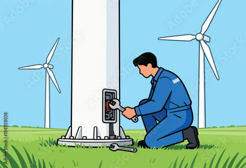 A worker in blue overalls repairs a wind turbine on a green field. Two other turbines are in the background