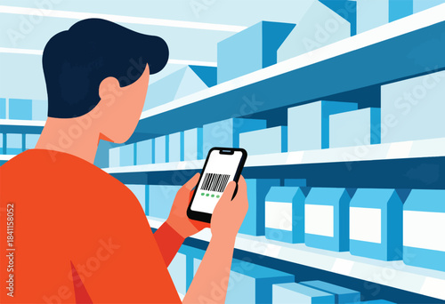 Illustration of a person scanning a product barcode with a phone in a grocery store. Shelves filled with packaged goods